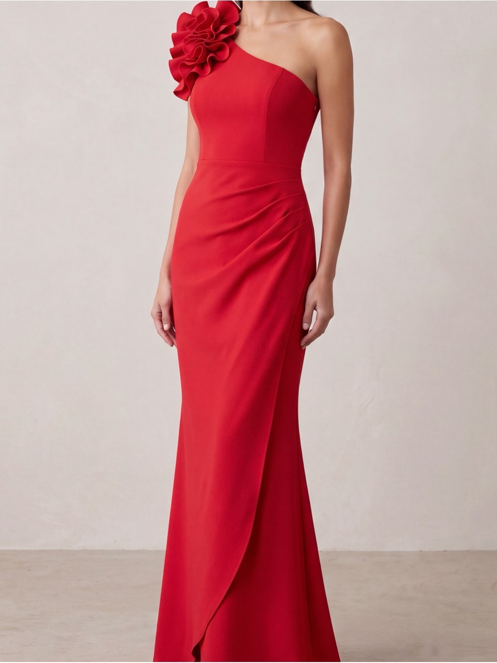 Xscape Red One-Shoulder Ruffle Evening Gown